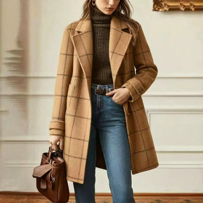 Wool Coat Black Check Lapel - Camel