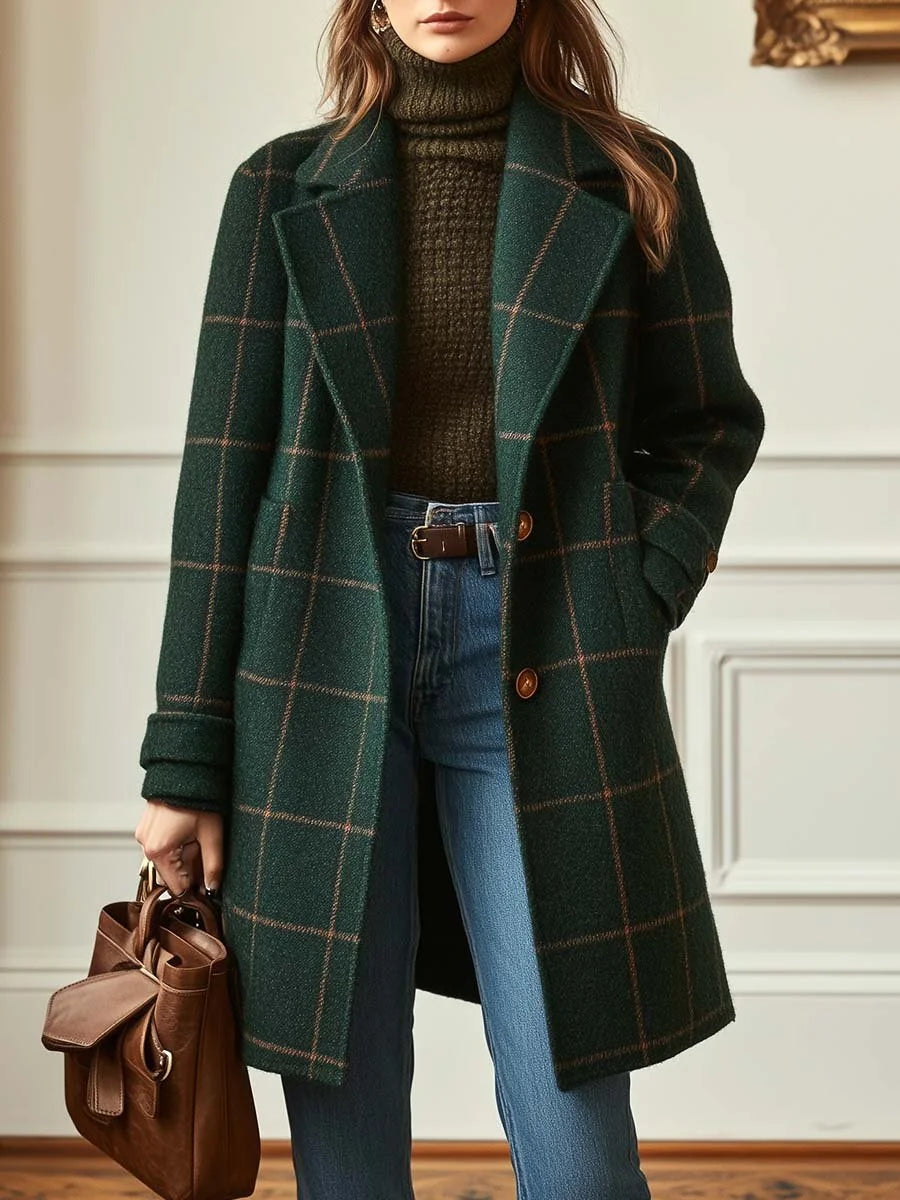Wool Coat Black Check Lapel - Forest Green