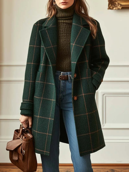 Wool Coat Black Check Lapel - Forest Green