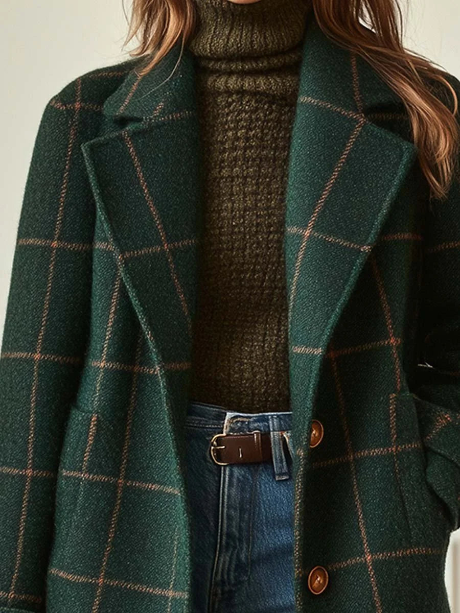 Wool Coat Black Check Lapel - Forest Green