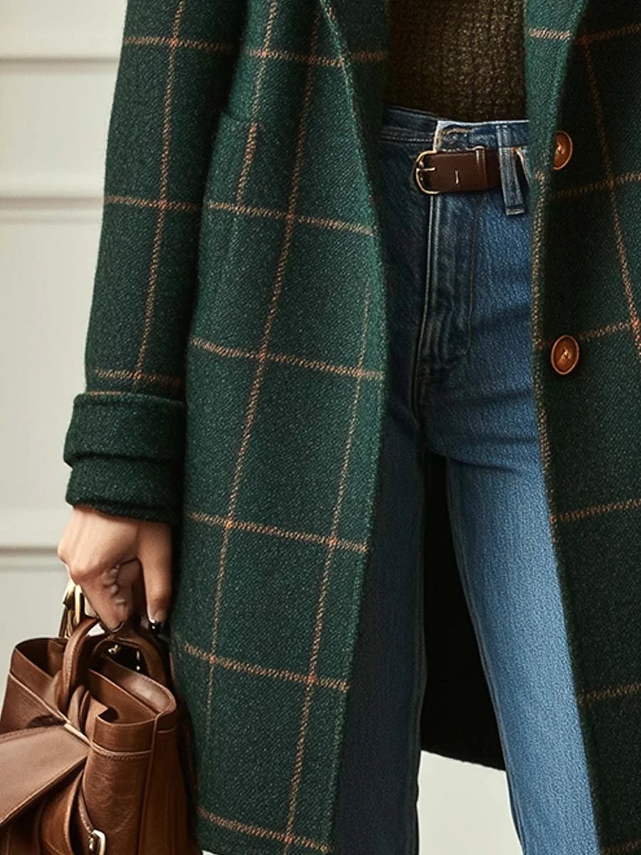 Wool Coat Black Check Lapel - Forest Green
