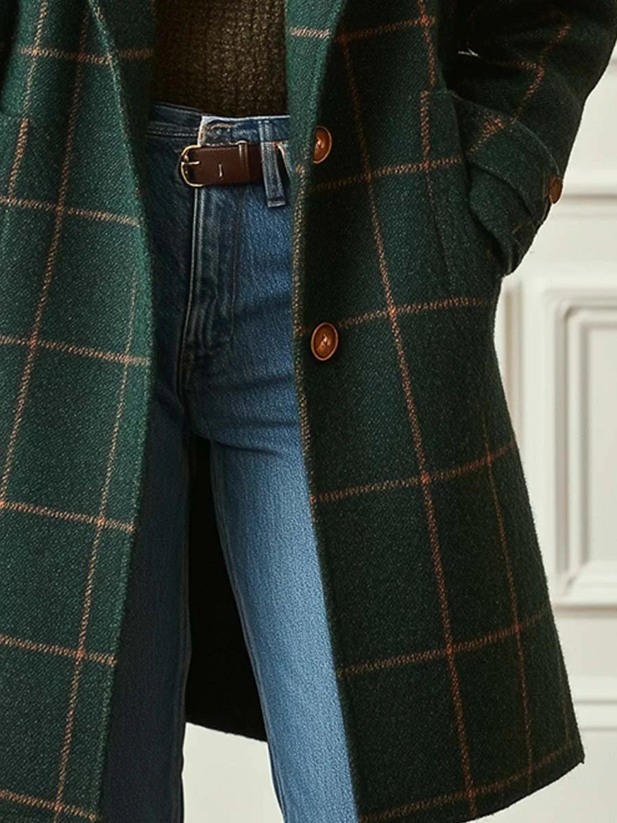 Wool Coat Black Check Lapel - Forest Green