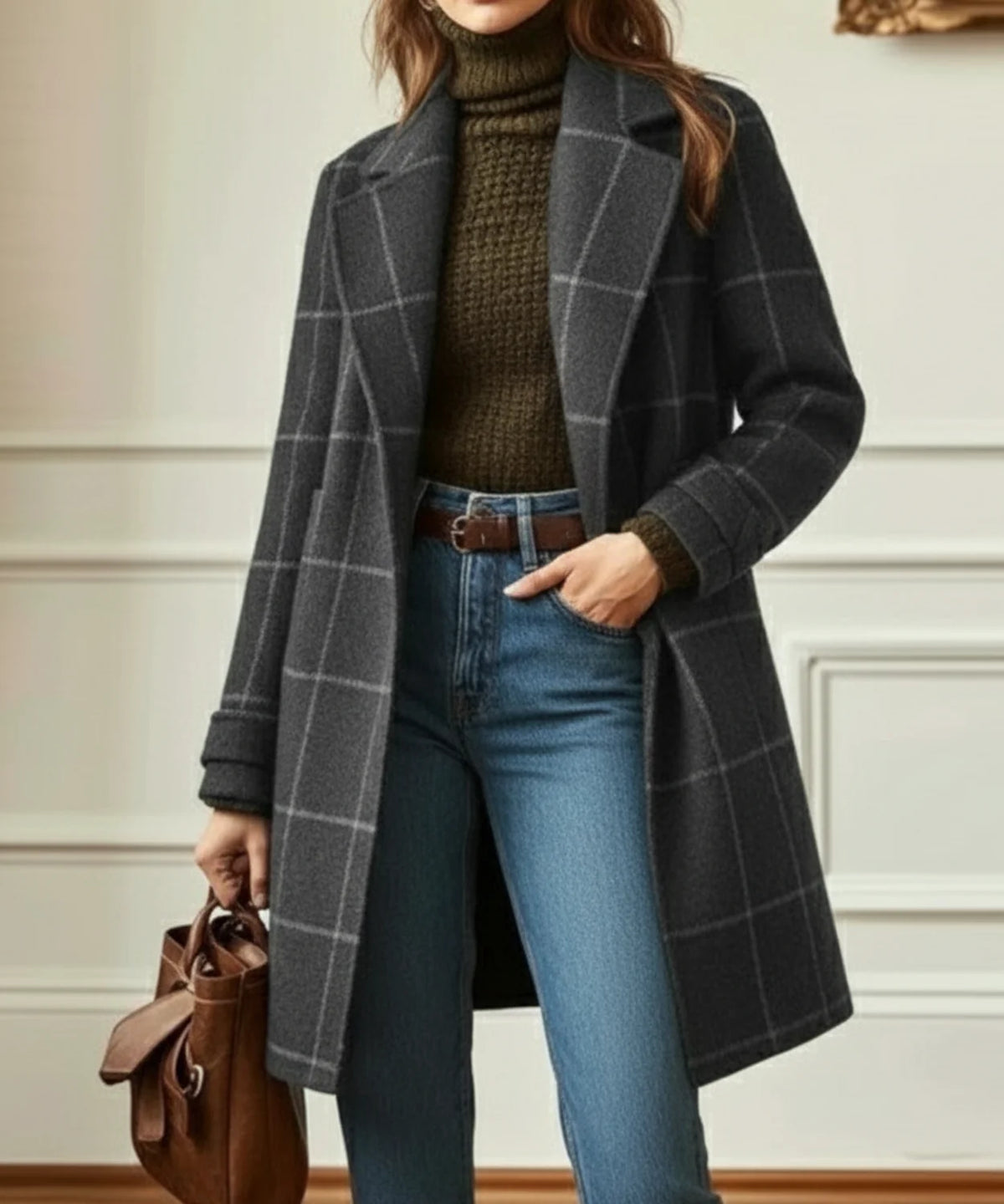 Wool Coat Black Check Lapel - Grey