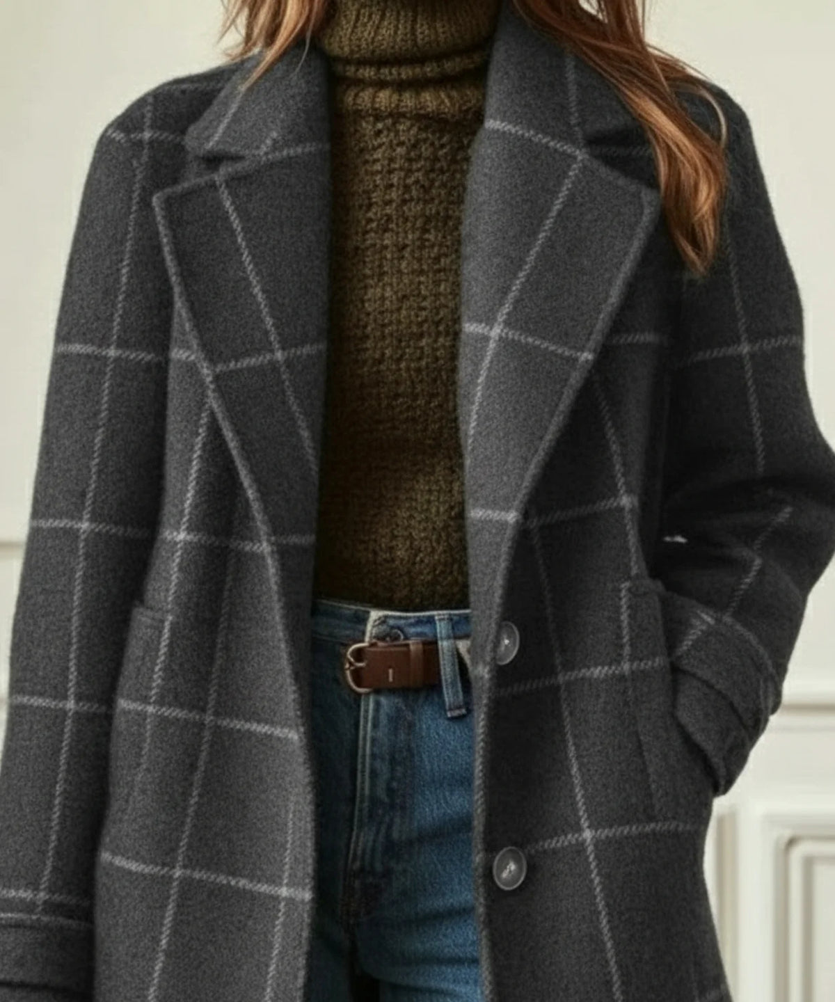 Wool Coat Black Check Lapel - Grey