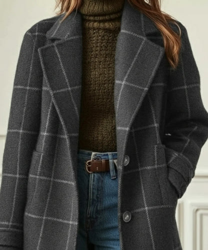 Wool Coat Black Check Lapel - Grey