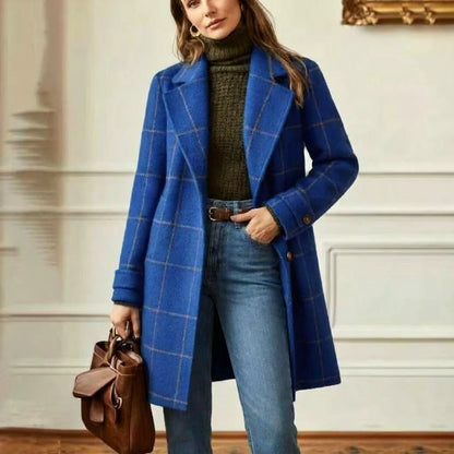 Wool Coat Black Check Lapel - Royal Blue