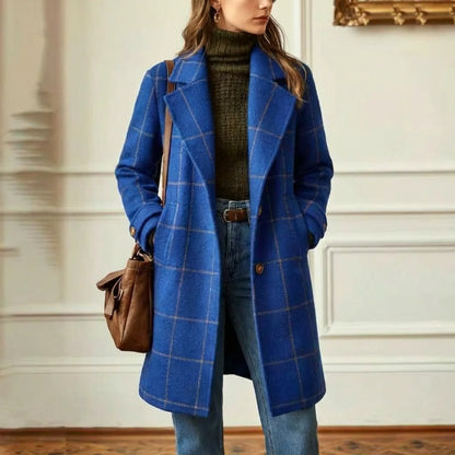 Wool Coat Black Check Lapel - Royal Blue