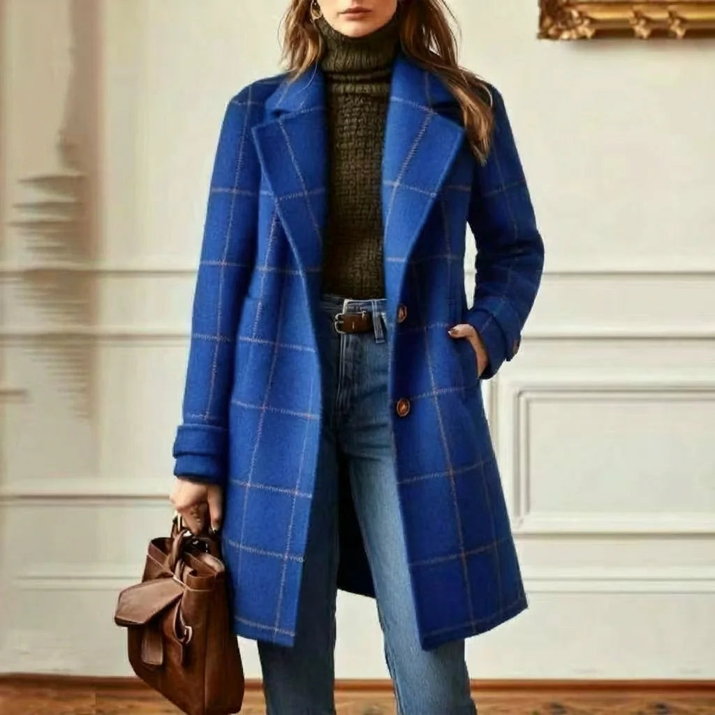 Wool Coat Black Check Lapel - Royal Blue