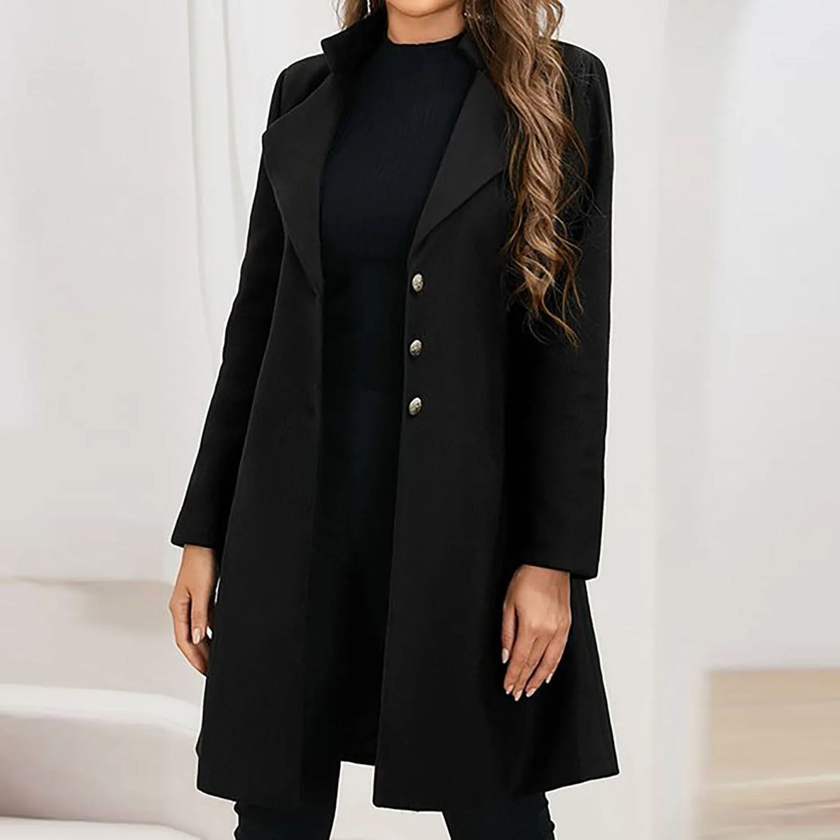 Wool Coat Black Long Lapel - Black