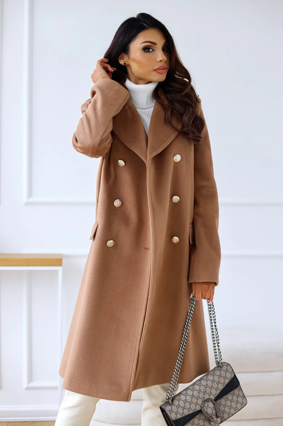 Wool-Look Coat Black Double-Breasted - Camel