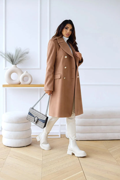 Wool-Look Coat Black Double-Breasted - Camel