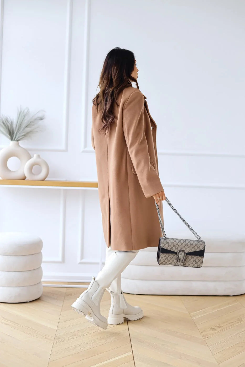Wool-Look Coat Black Double-Breasted - Camel