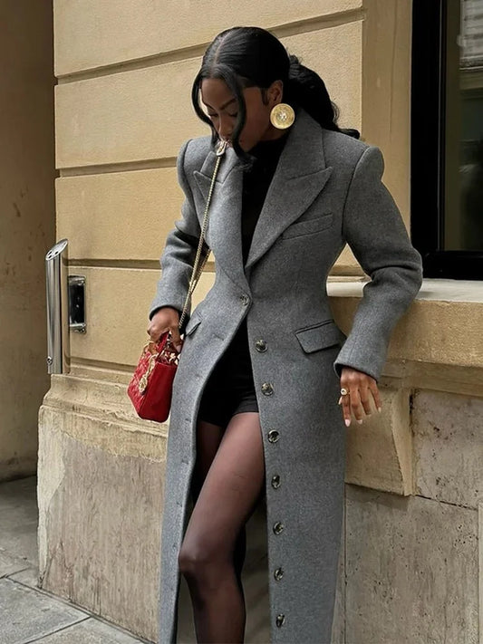 Wool-Look Coat Grey Long Single-Breasted - Grey