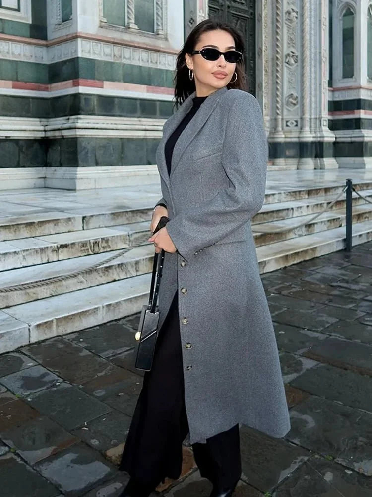 Wool-Look Coat Grey Long Single-Breasted - Grey