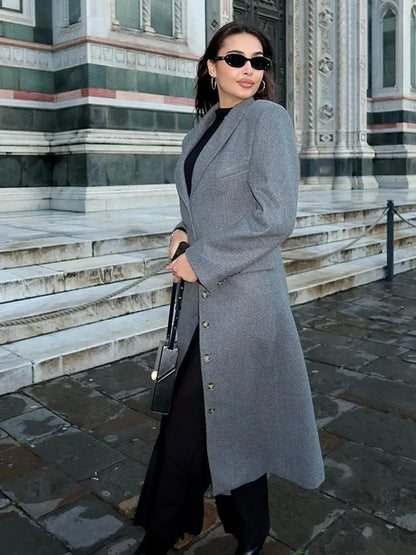 Wool-Look Coat Grey Long Single-Breasted - Grey