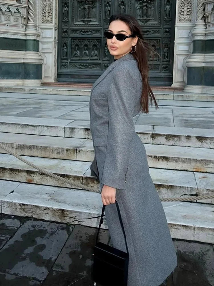 Wool-Look Coat Grey Long Single-Breasted - Grey