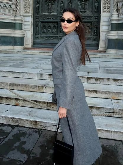 Wool-Look Coat Grey Long Single-Breasted - Grey