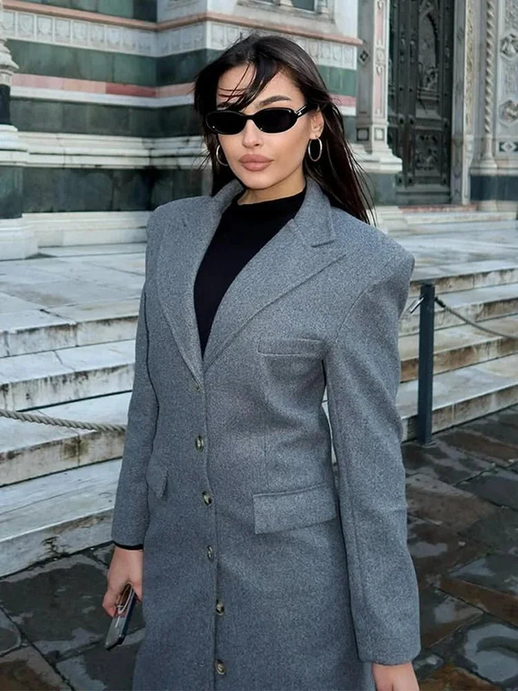 Wool-Look Coat Grey Long Single-Breasted - Grey