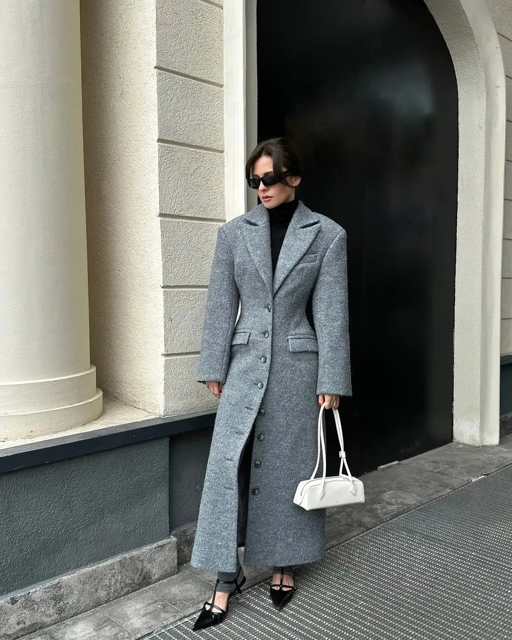 Wool-Look Coat Grey Long Single-Breasted - Grey