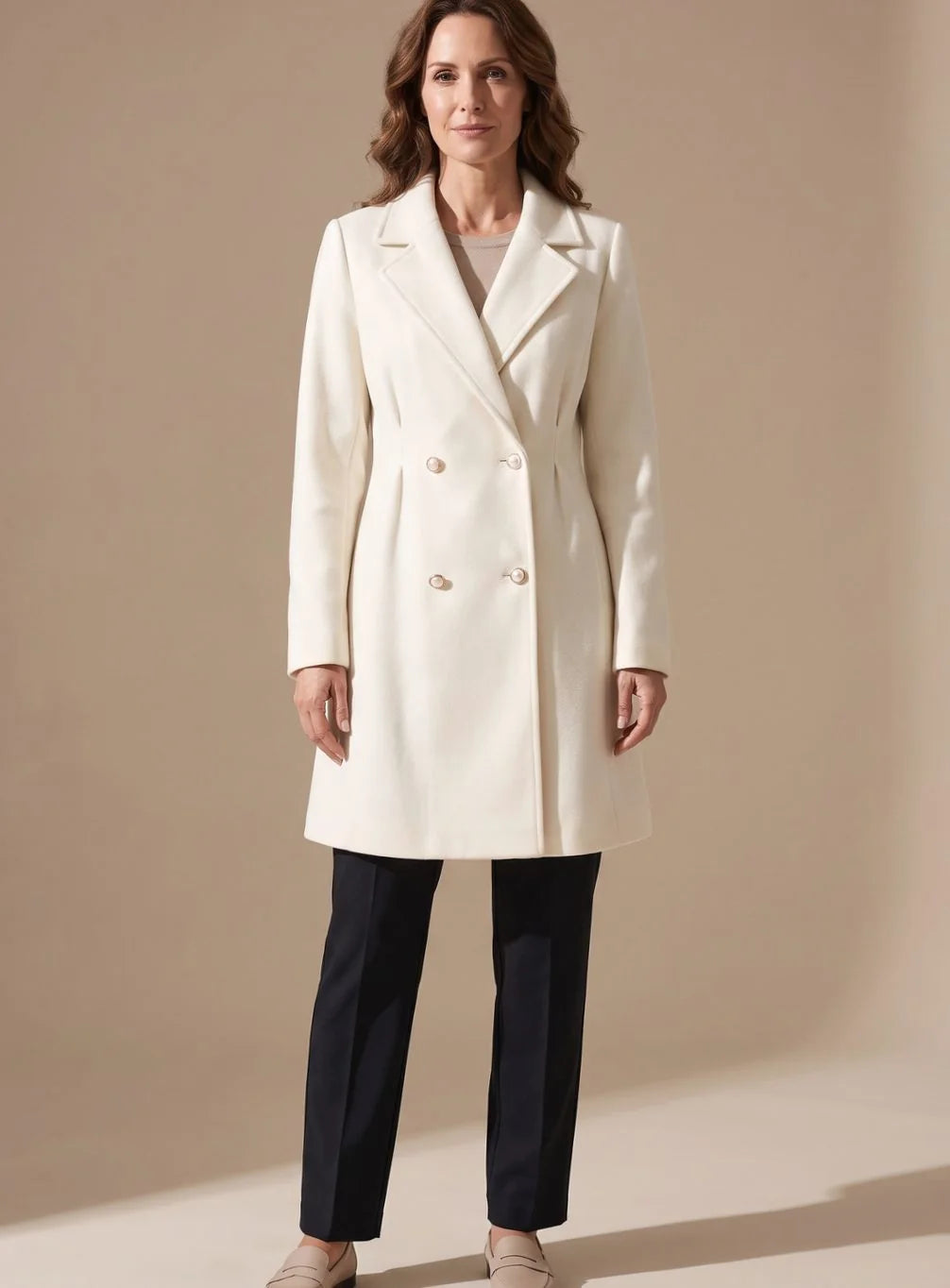Wool-Look Coat Ivory A-Line Knee - Ivory