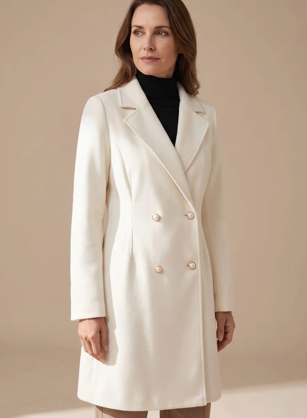 Wool-Look Coat Ivory A-Line Knee - Ivory