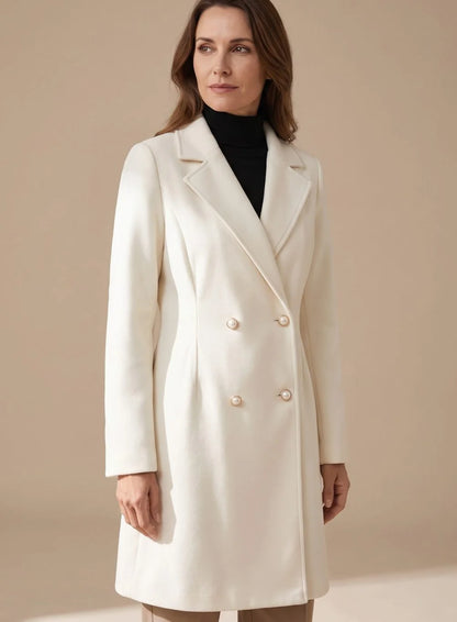 Wool-Look Coat Ivory A-Line Knee - Ivory