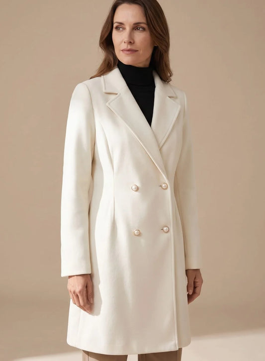 Wool-Look Coat Ivory A-Line Knee - Ivory
