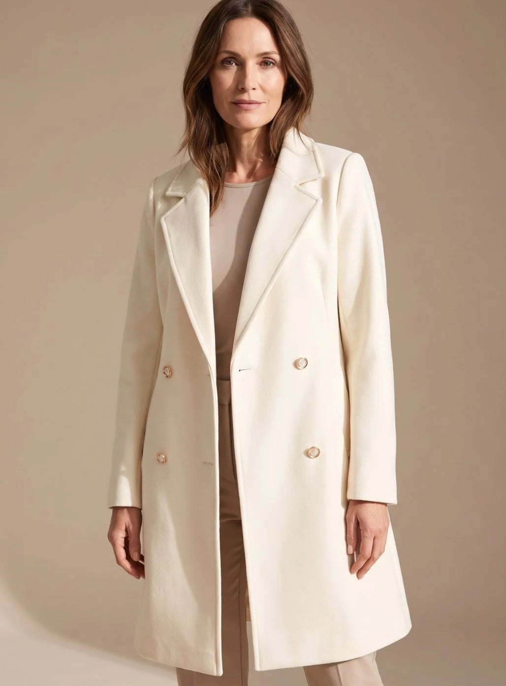 Wool-Look Coat Ivory A-Line Knee - Ivory