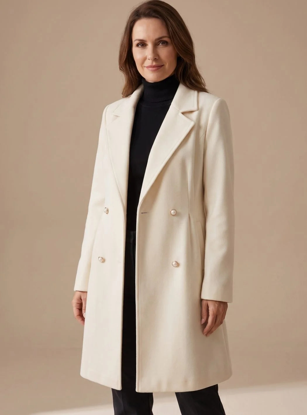 Wool-Look Coat Ivory A-Line Knee - Ivory