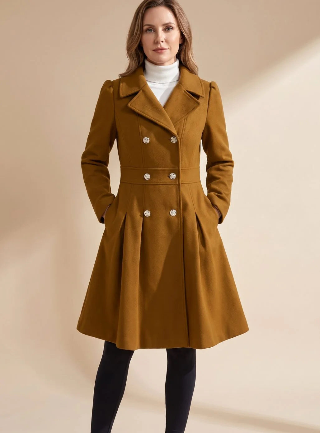 Wool-Look Coat Navy Double-Breasted Flared - Camel