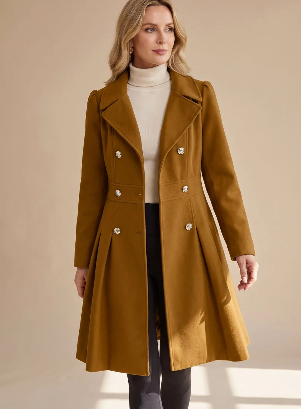 Wool-Look Coat Navy Double-Breasted Flared - Camel