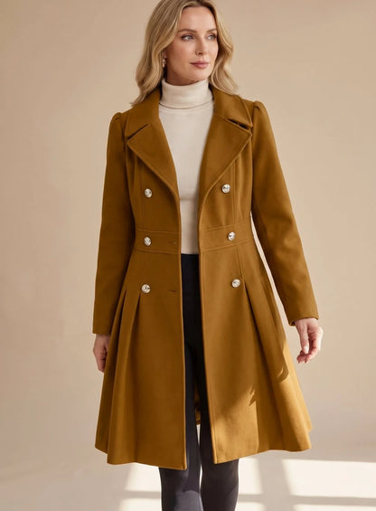 Wool-Look Coat Navy Double-Breasted Flared - Camel