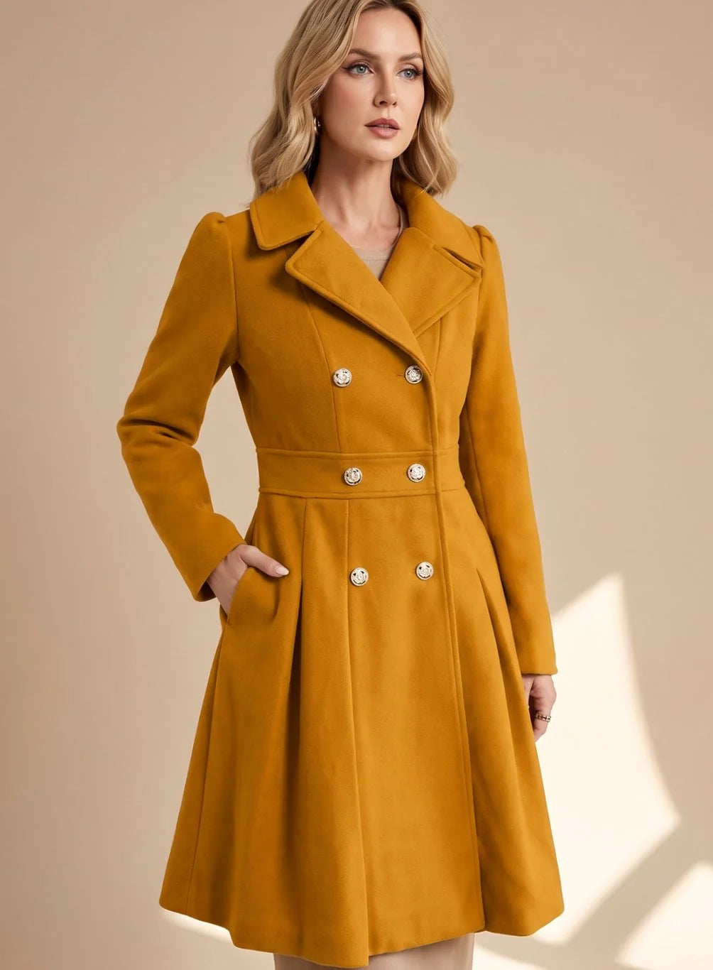 Wool-Look Coat Navy Double-Breasted Flared - Mustard