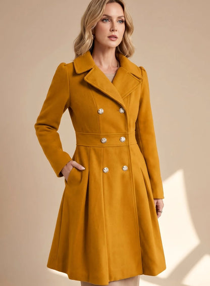 Wool-Look Coat Navy Double-Breasted Flared - Mustard