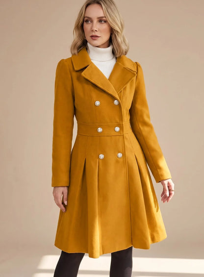 Wool-Look Coat Navy Double-Breasted Flared - Mustard