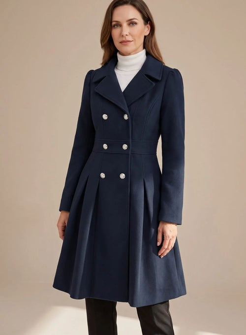 Wool-Look Coat Navy Double-Breasted Flared