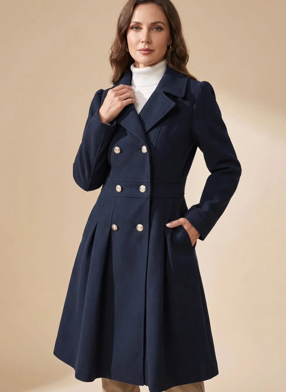 Wool-Look Coat Navy Double-Breasted Flared - Navy
