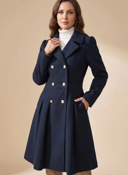 Wool-Look Coat Navy Double-Breasted Flared - Navy