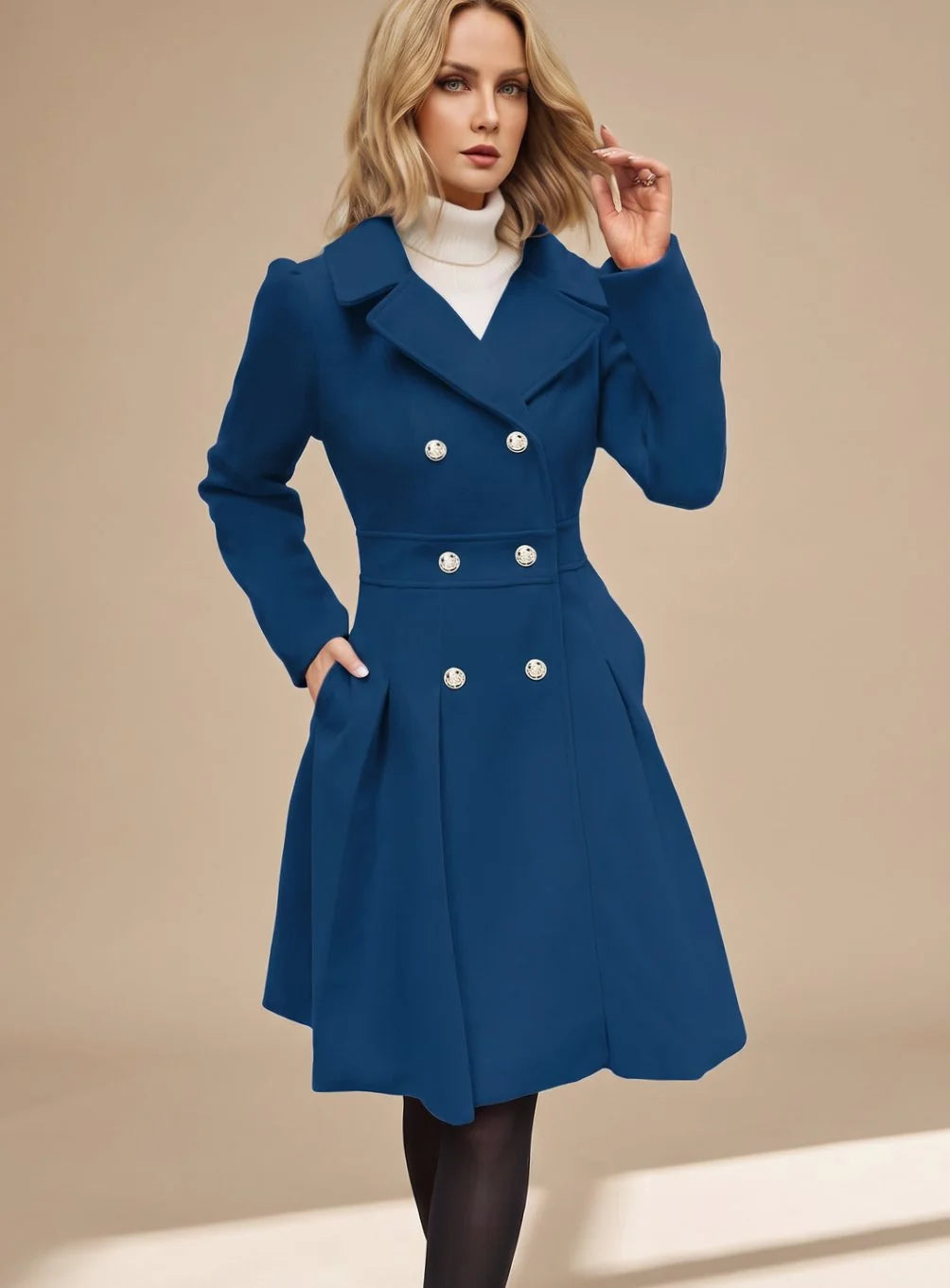 Wool-Look Coat Navy Double-Breasted Flared - Royal Blue