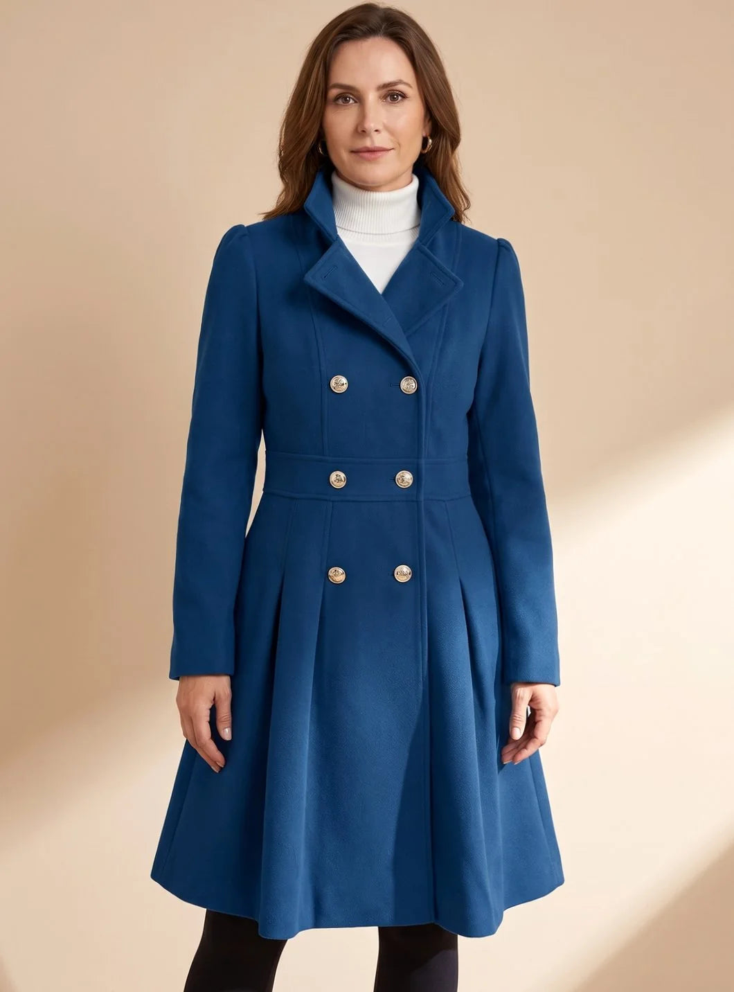 Wool-Look Coat Navy Double-Breasted Flared - Royal Blue
