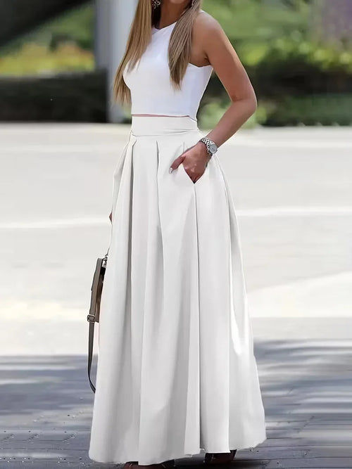Maxi Skirt White Pleated High Waist