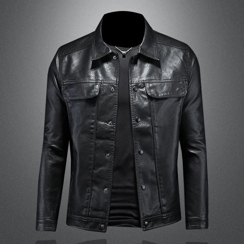 Men's Biker Jacket Black Button Front - Black