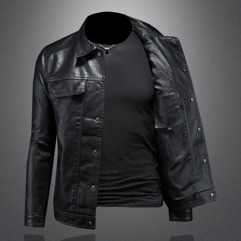Men's Biker Jacket Black Button Front - Black