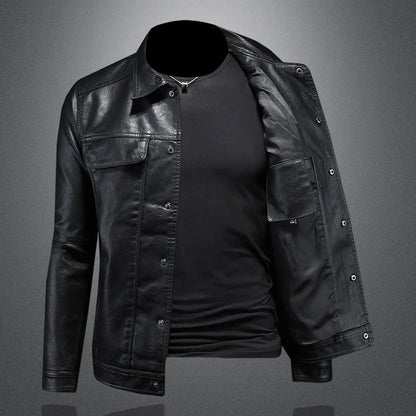 Men's Biker Jacket Black Button Front - Black
