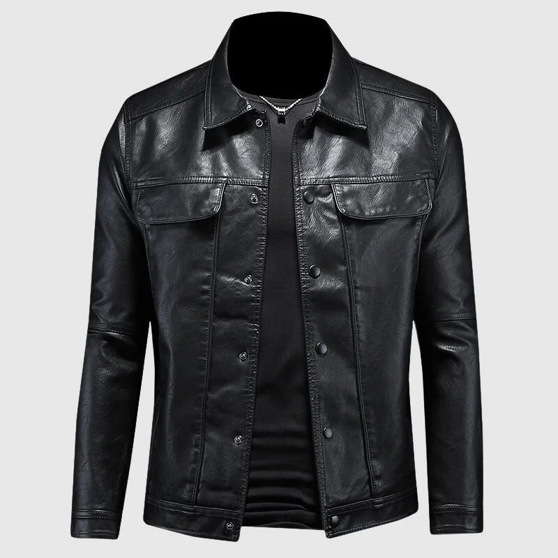 Men's Biker Jacket Black Button Front - Black