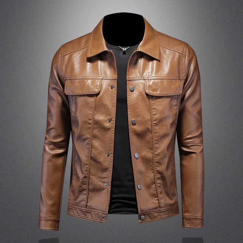 Men's Biker Jacket Black Button Front - Brown