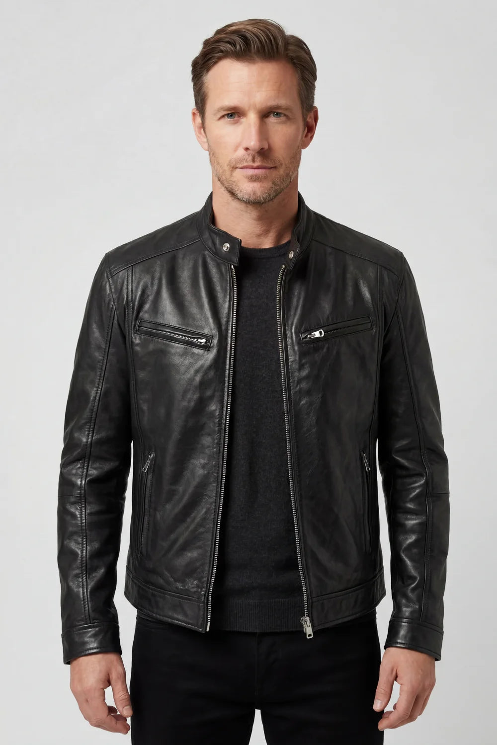 Men's Biker Jacket Black Faux Leather - Black
