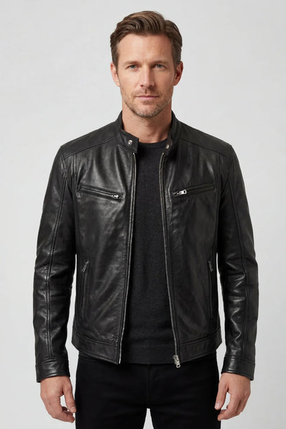 Men's Biker Jacket Black Faux Leather - Black