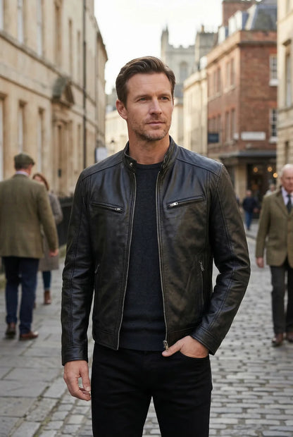 Men's Biker Jacket Black Faux Leather - Black