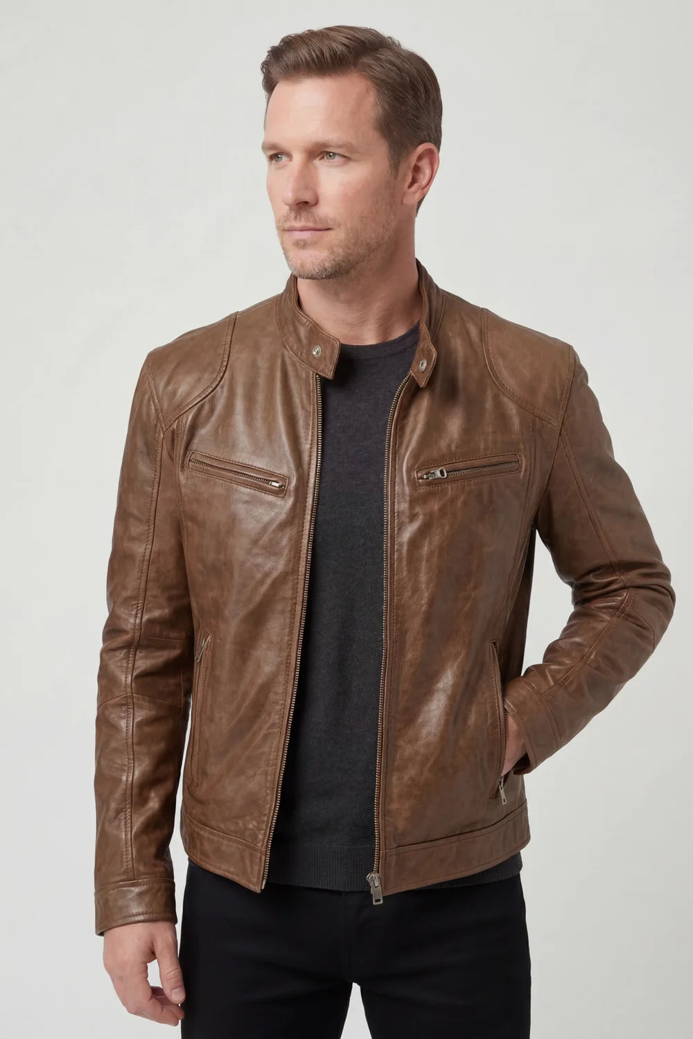 Men's Biker Jacket Black Faux Leather - Brown